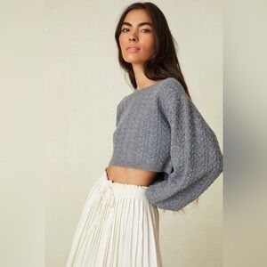 LoveShackFancy Grey Wool Cashmere Cable Knit Cropped Sweater Small LSF